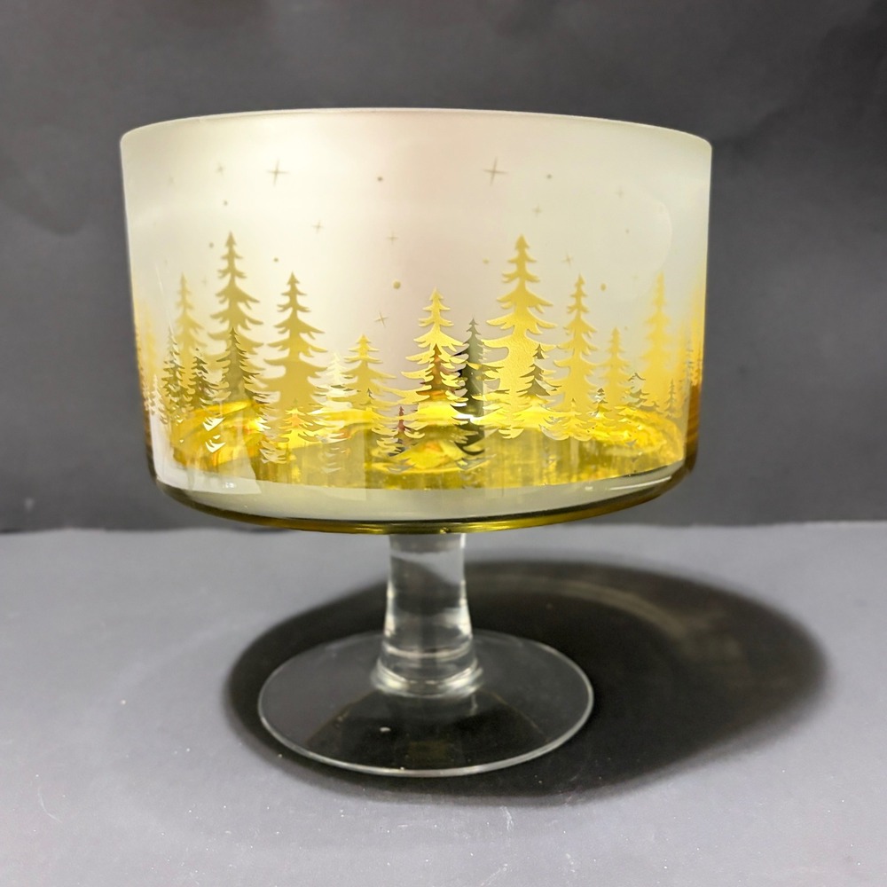 Trifle Bowl Christmas Gold Frosted Glass Pine Tree Forest Holiday Centerpiece 7" - Picture 4 of 16